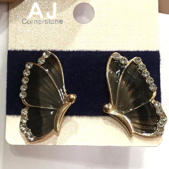 AJ Cornerstone Black & Gold Rhinestone Butterfly Stud Earrings (a)157 - Picture 6 of 7